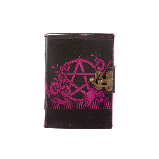 Leather Journal Pentacle and Flower Black and Pink